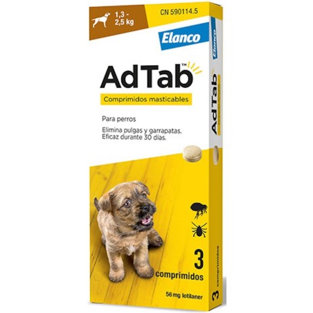 Adtab 56mg 3 comprimidos masticables Perros 1,3-2,5kg - MundoHuella