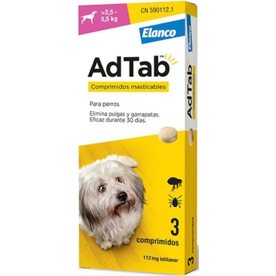 Adtab 112mg 3 comprimidos masticables Perros 2,5-5,5kg - MundoHuella