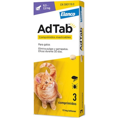 Adtab 12mg 3 comprimidos masticables Gatos 0,5-2kg - MundoHuella.com