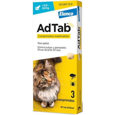 Adtab 48mg 3 comprimidos masticables Gatos 2-8kg - MundoHuella.com